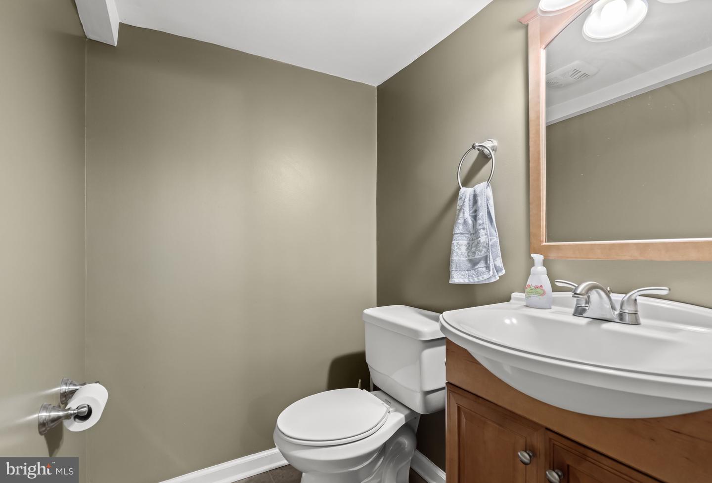 Bathroom with a white toilet and sink, wood vanity, and large mirror.