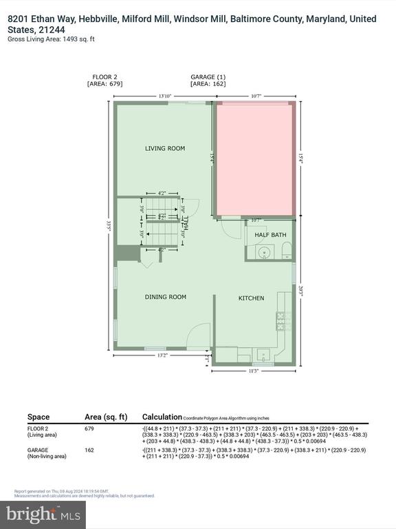Second-floor plan with living room, dining room, kitchen, half bath, and attached one-car garage.