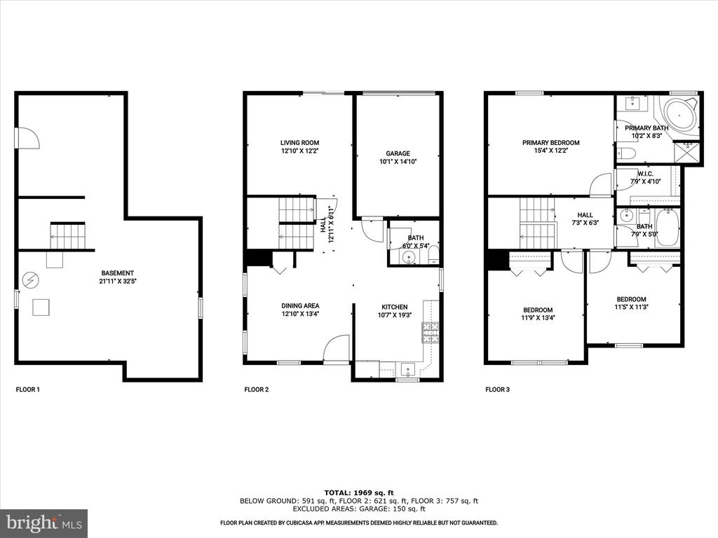 Three-level floor plan with basement, three bedrooms, kitchen, garage, and 1,969 square feet.
