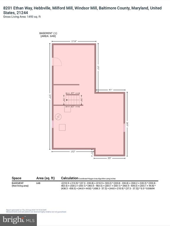 Basement floor plan showing a 648-square-foot area with dimensions and fixture symbols.
