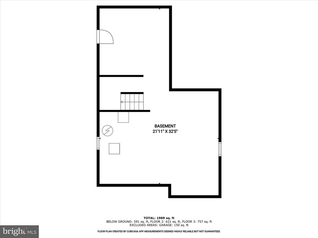 Basement floor plan showing stairs, windows, and a 21-foot-11-inch by 32-foot-5-inch area.