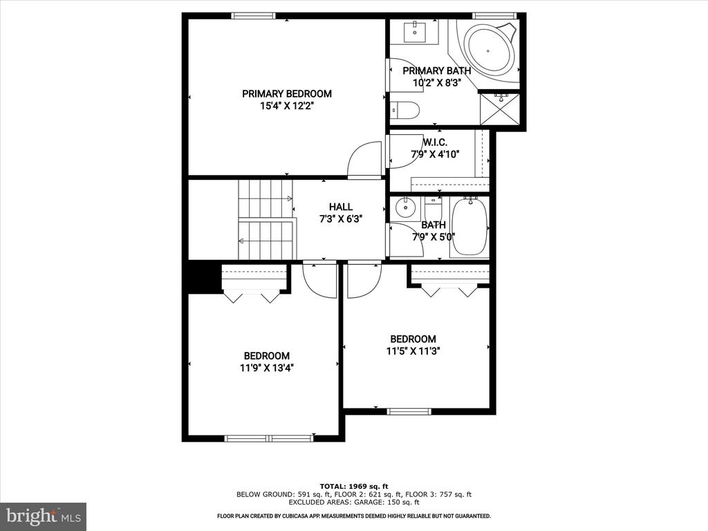 Floor plan showing a primary bedroom, two bedrooms, two bathrooms, and a walk-in closet.