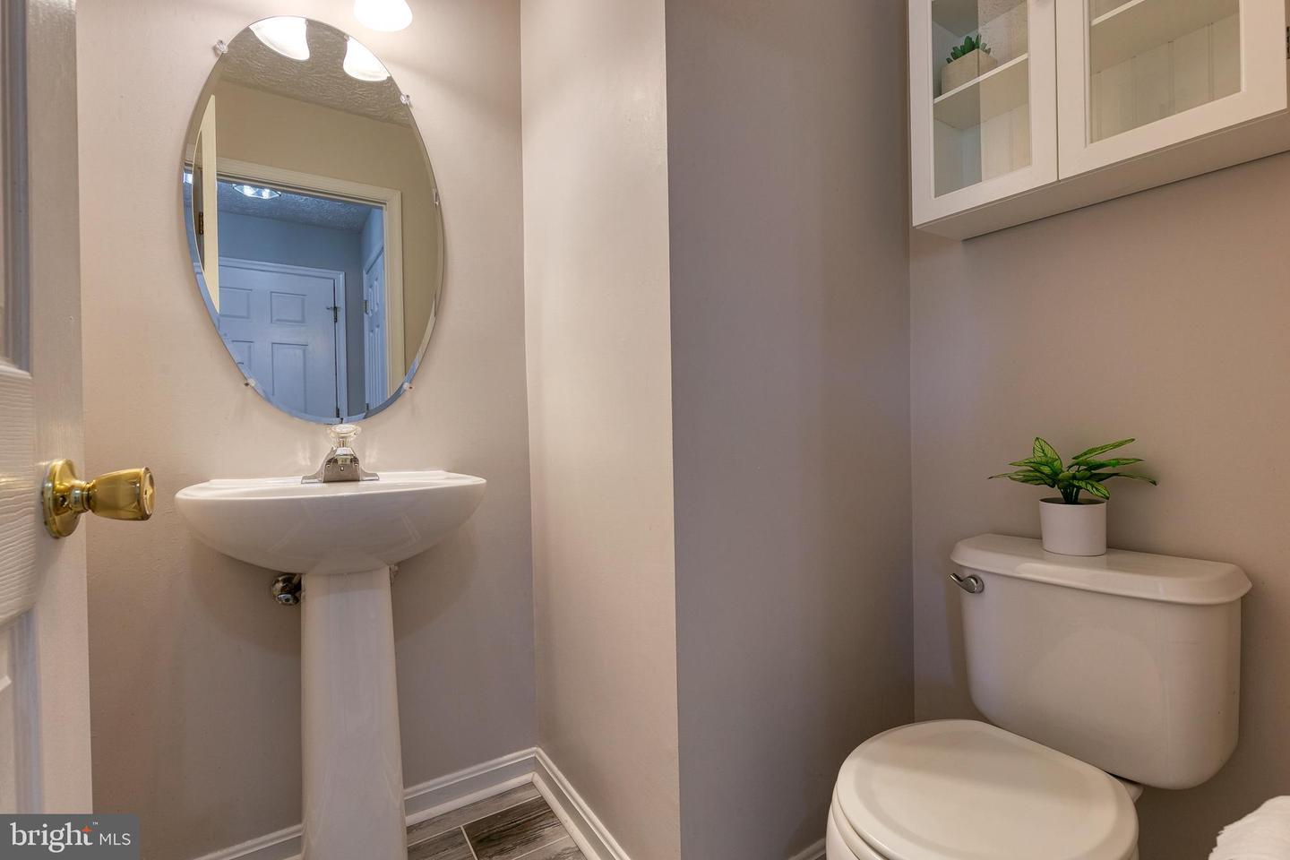 Powder room with a pedestal sink, oval mirror, and toilet topped with a potted plant.