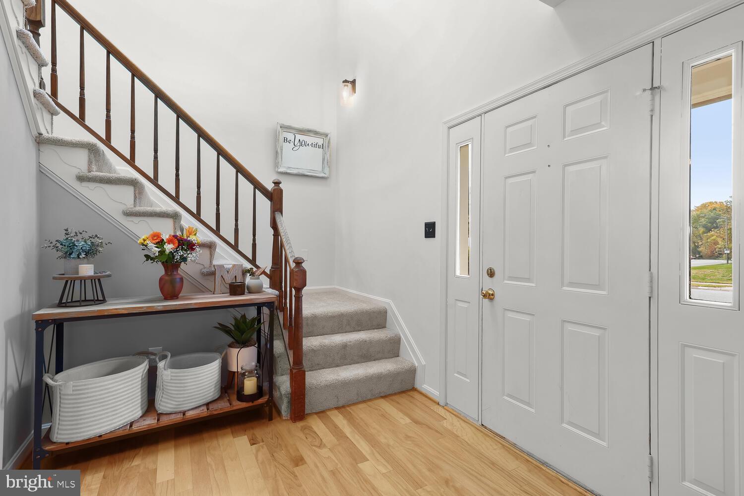 Foyer with a carpeted staircase, dark wood railing, and white front door.