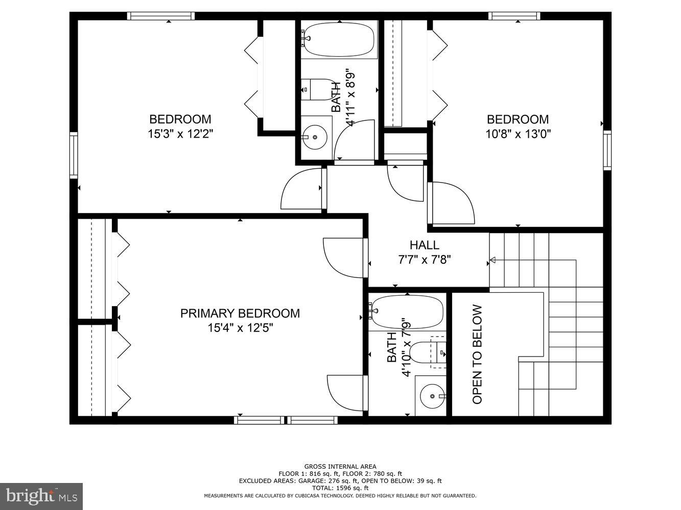 Floor plan with three bedrooms, two bathrooms, a hall, and stairs.