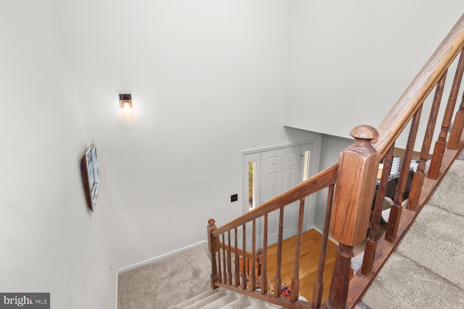 Carpeted staircase with a polished wood railing overlooking the front entry and hardwood foyer.