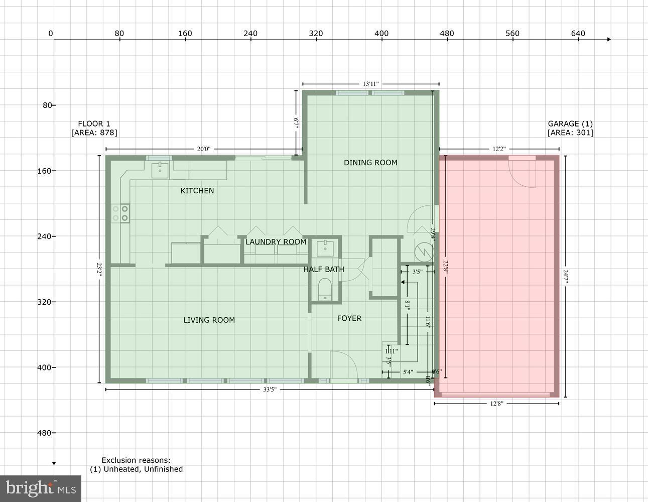 First-floor plan showing kitchen, dining and living rooms, laundry, half bath, foyer, and unfinished garage.