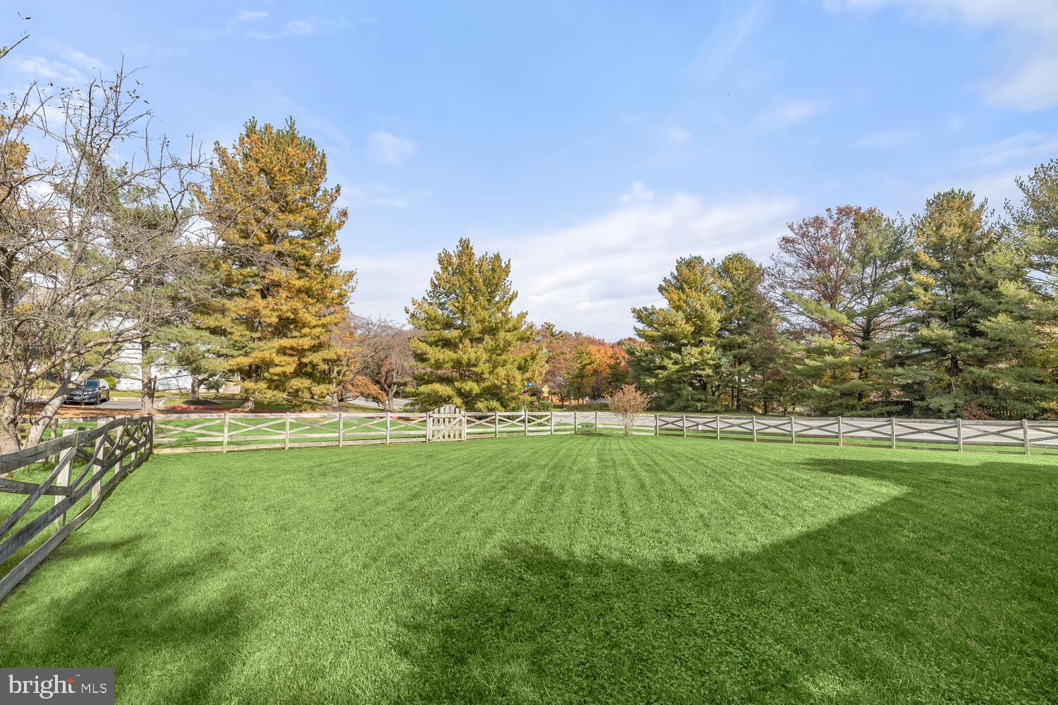 Fenced green lawn bordered by mature trees, with a road beyond.