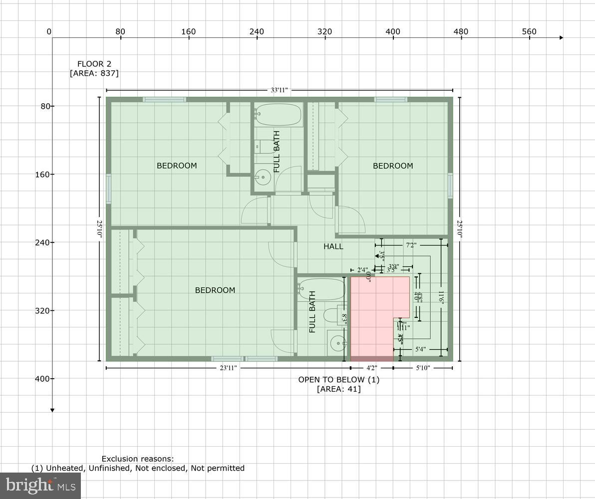 Second-floor plan with three bedrooms, two full baths, and an area open to below.