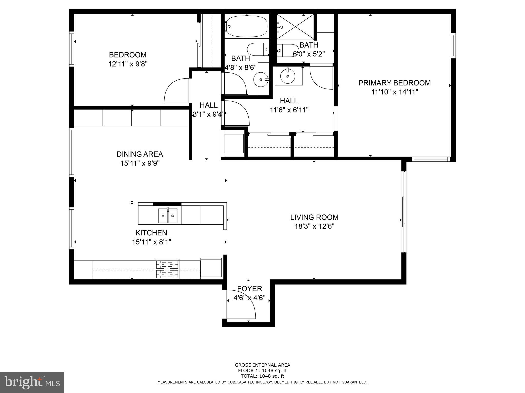 Floor plan showing two bedrooms, two bathrooms, kitchen, dining area, and living room in a 1,048-square-foot home.