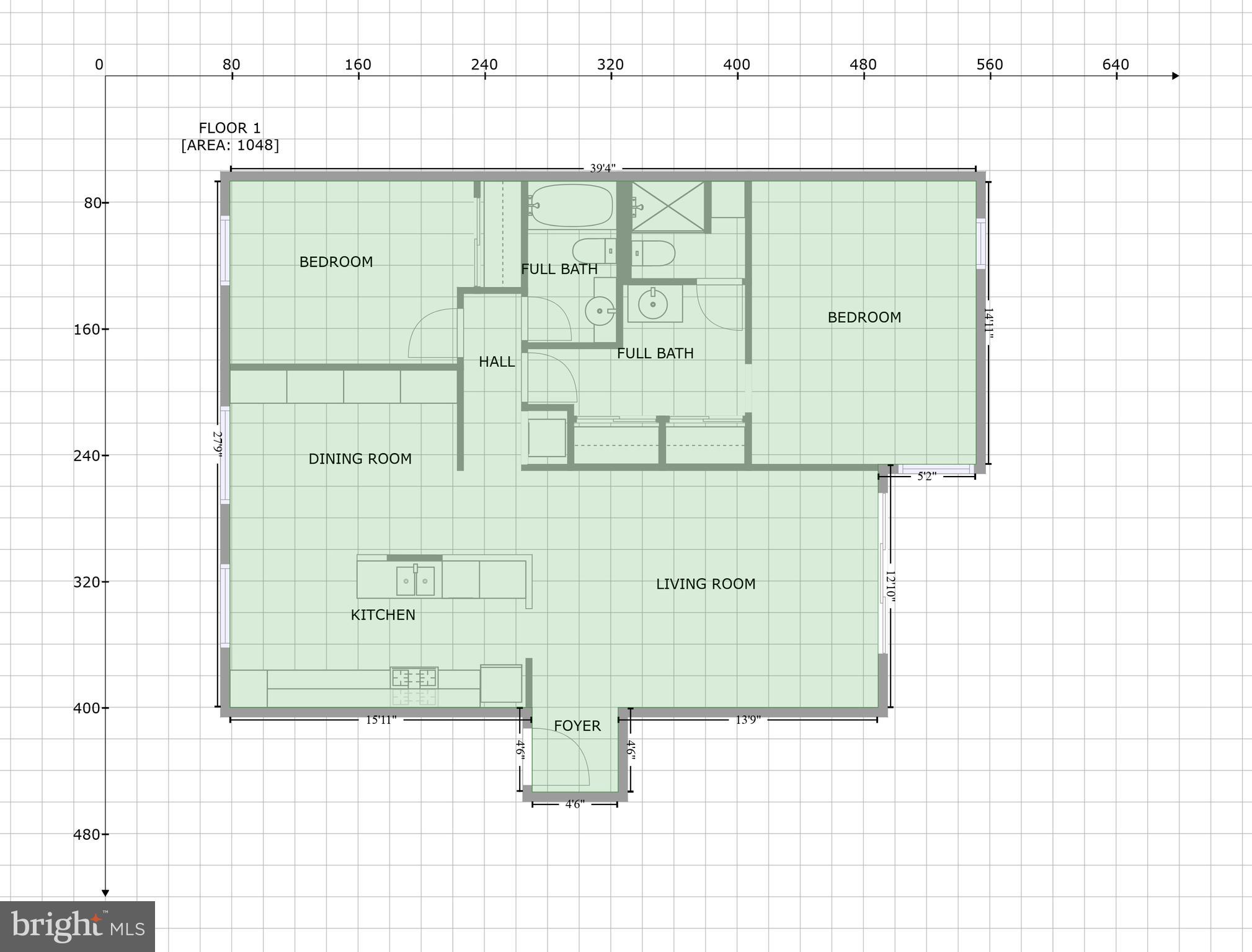 First-floor plan with two bedrooms, two full bathrooms, and an open living, dining, and kitchen area.