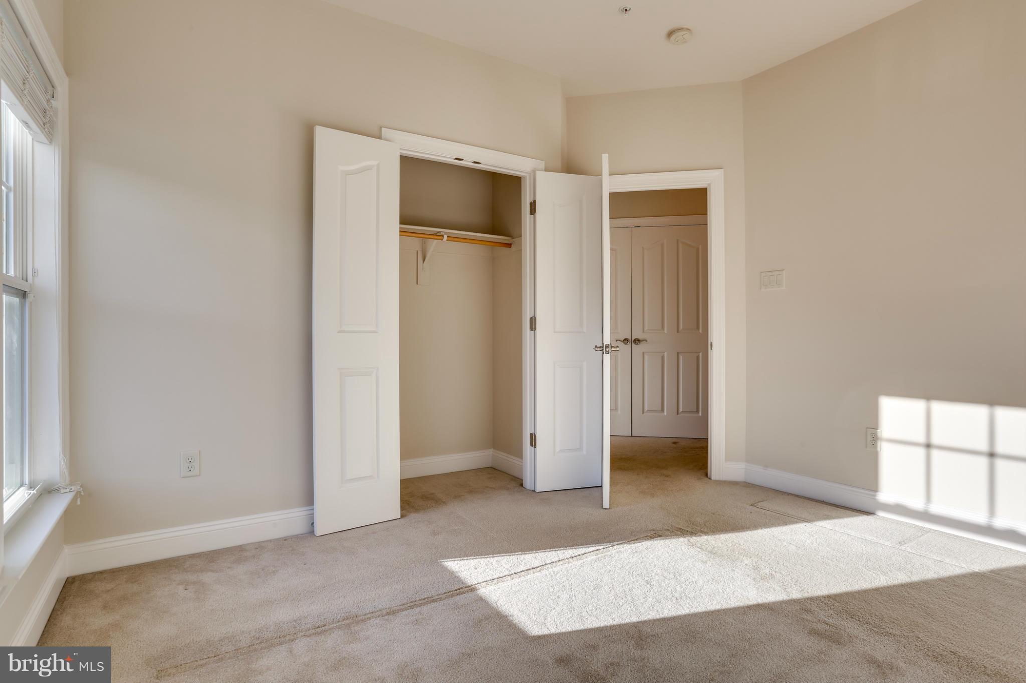 Empty carpeted bedroom with an open closet and sunlight streaming through a large window.