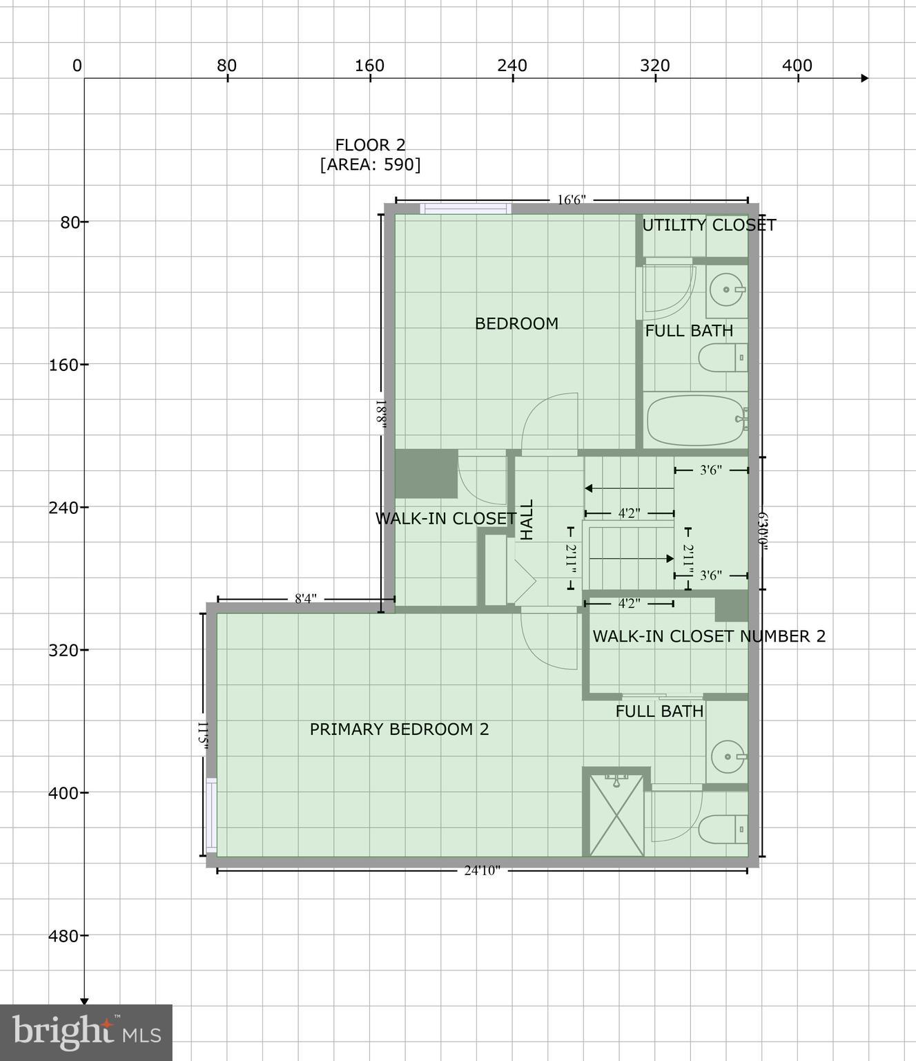 Second-floor plan with two bedrooms, two full baths, and walk-in closets.