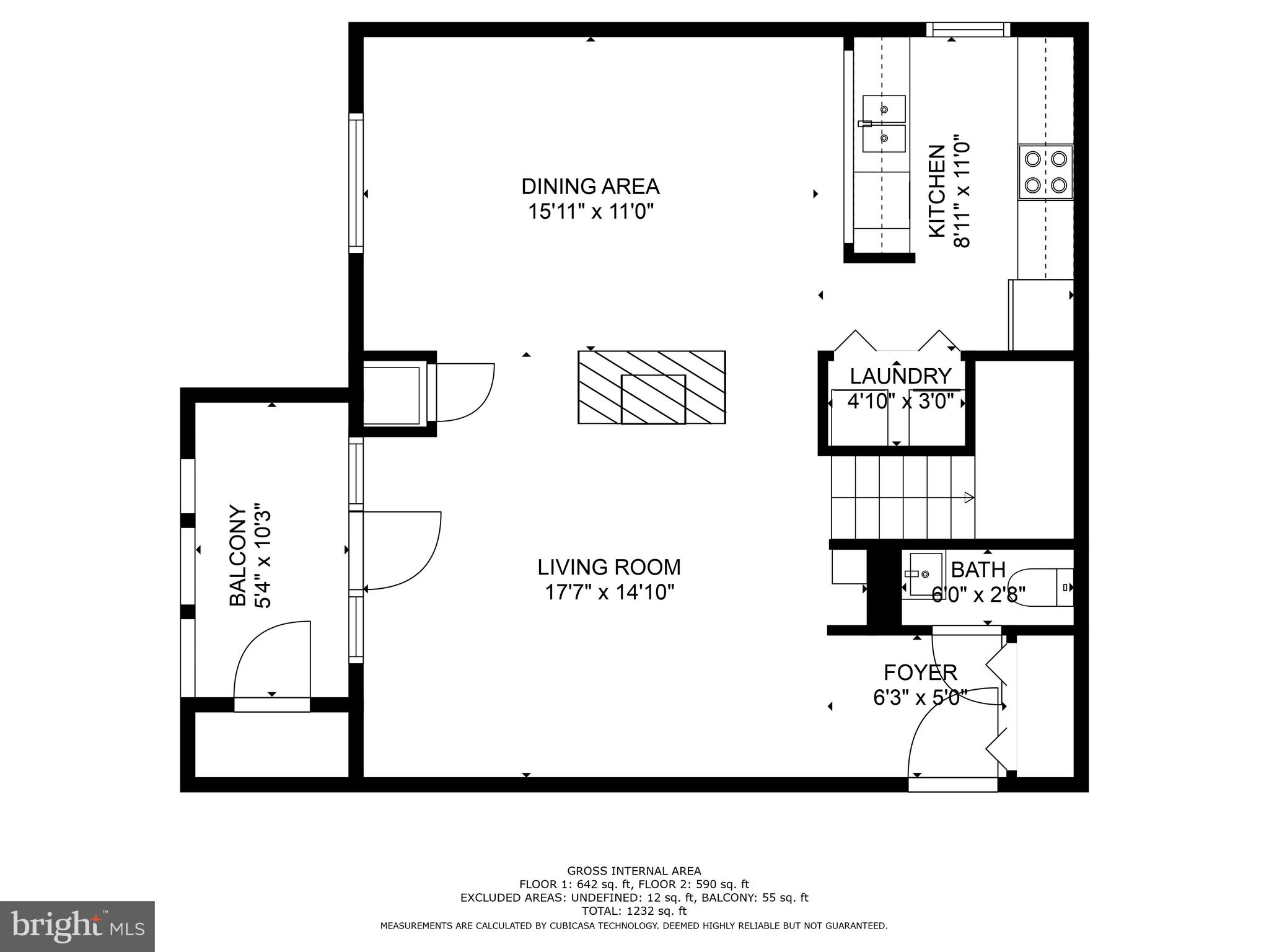 Two-level floor plan showing a living room, dining area, kitchen, balcony, bath, and foyer.
