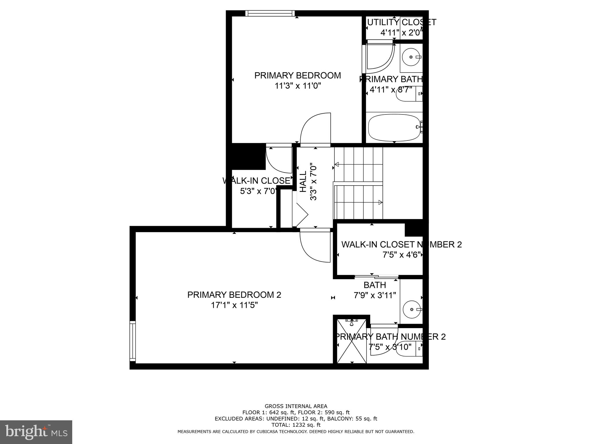 Two-level floor plan with two primary bedrooms, bathrooms, walk-in closets, stairs, room dimensions, and area totals.