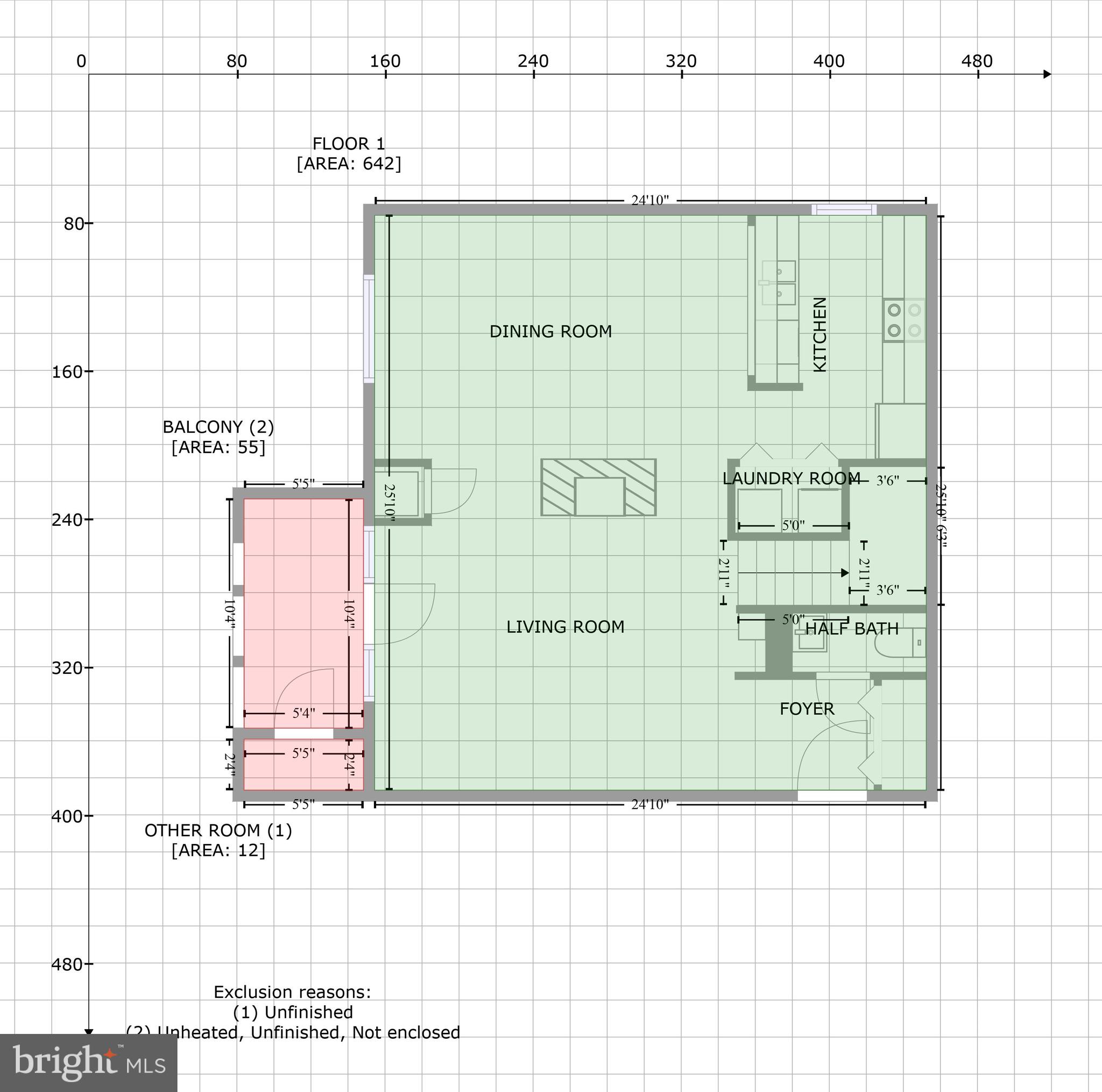 First-floor plan showing living and dining rooms, kitchen, laundry, half bath, foyer, and two balconies.