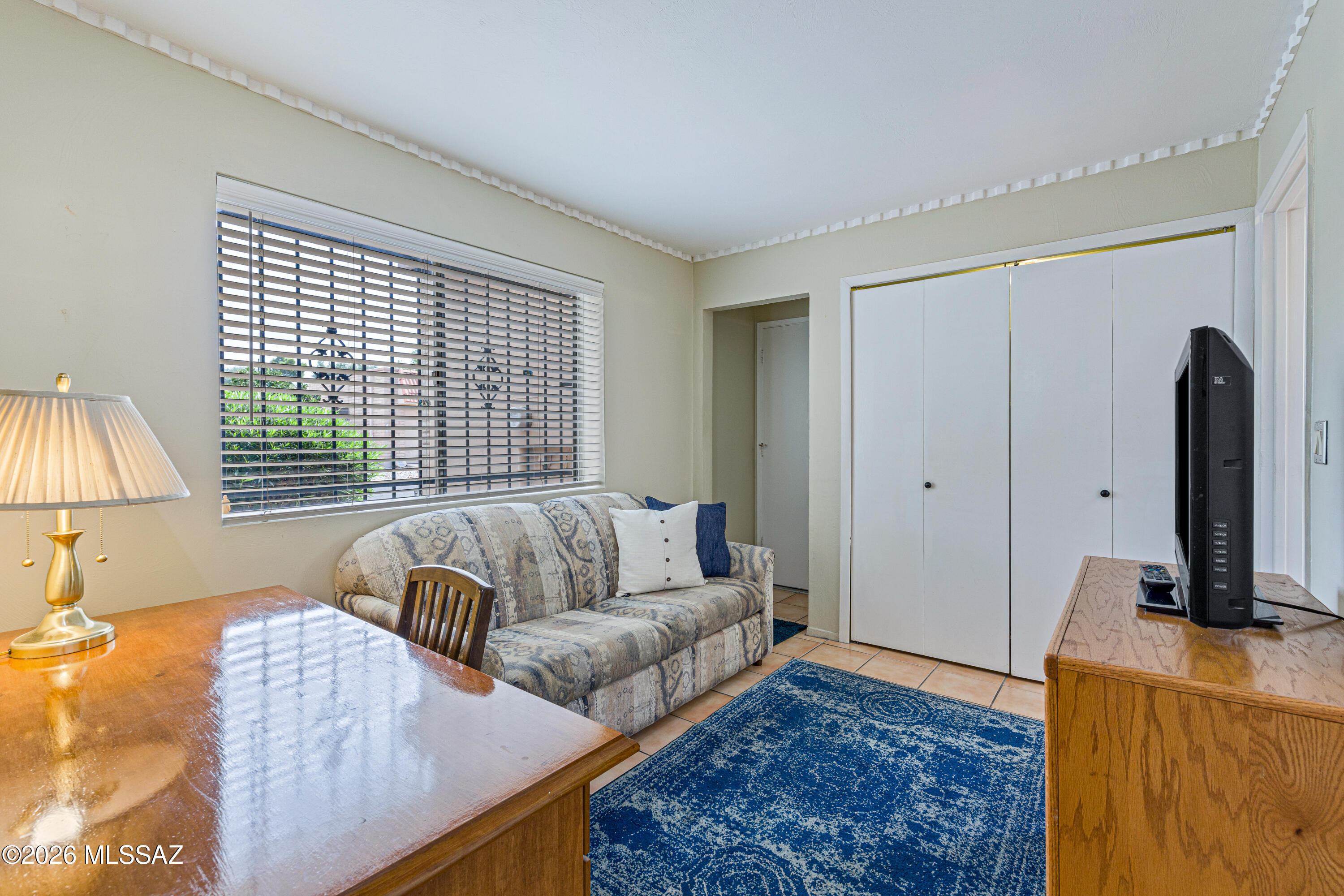 Furnished living room with a patterned sofa, blue rug, and wide window with blinds.