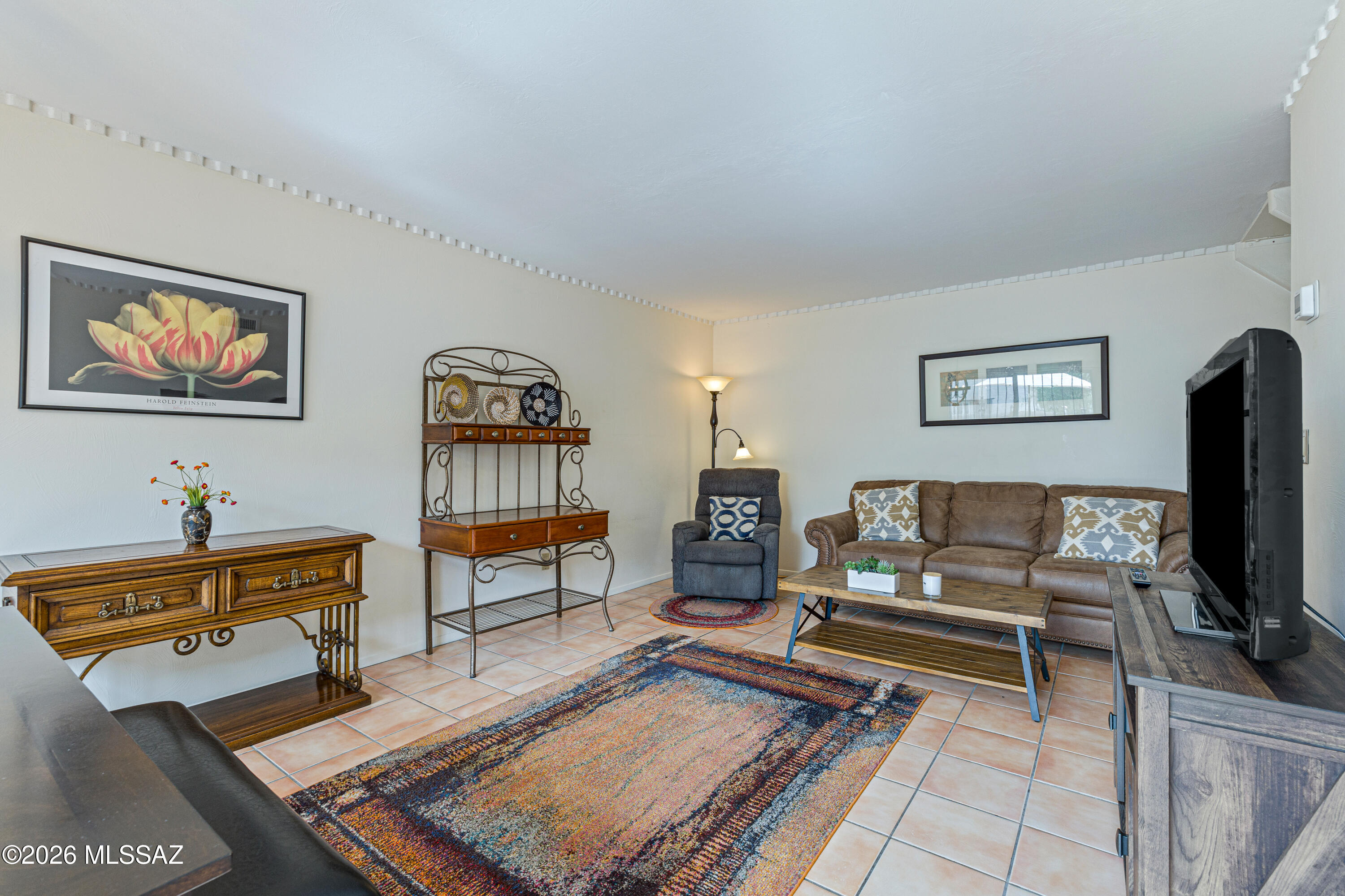 Living room with a brown sofa, terracotta tile floors, and a large colorful patterned rug.