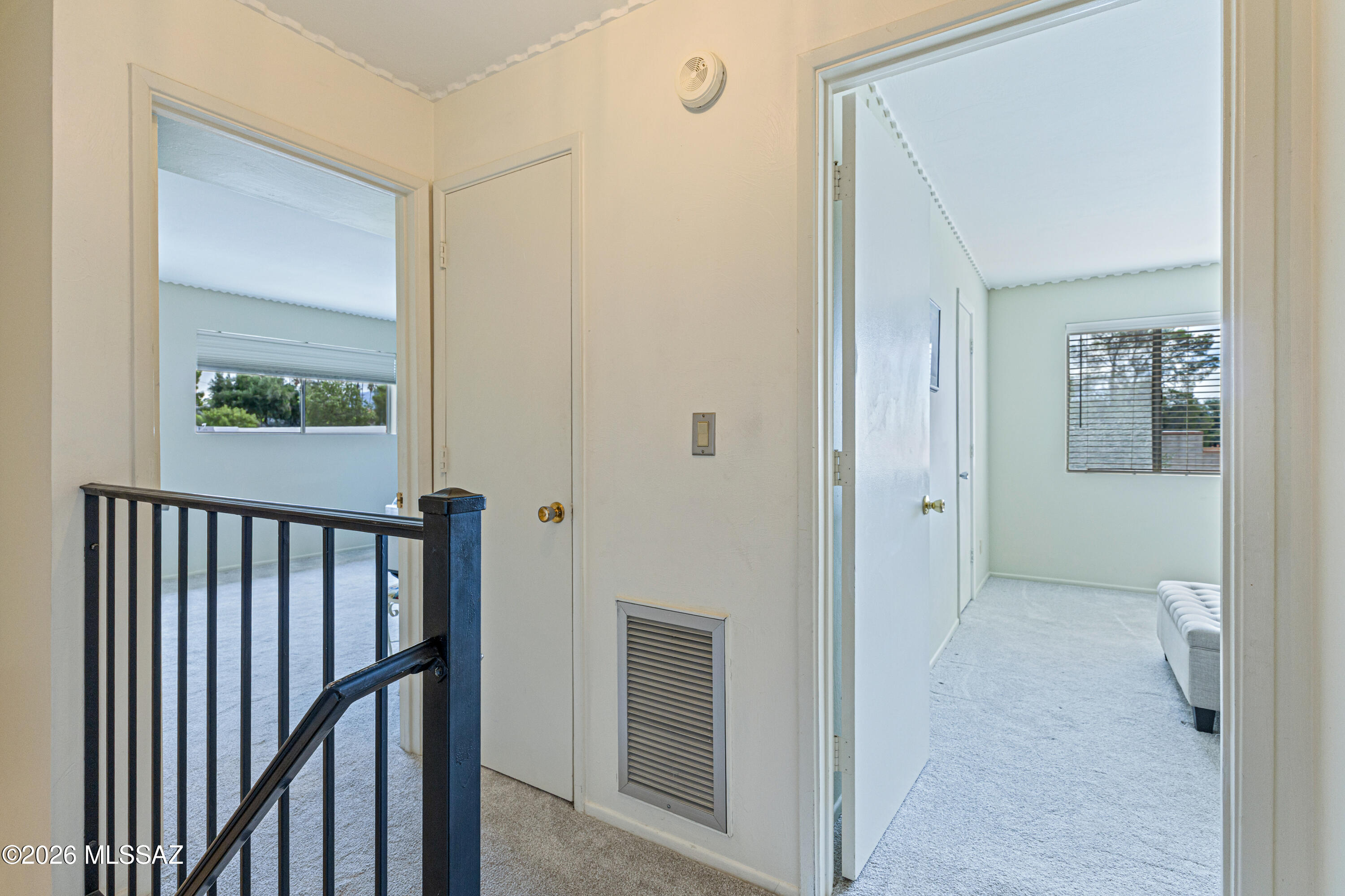 Carpeted landing with black stair railing and open doorways to adjoining rooms.
