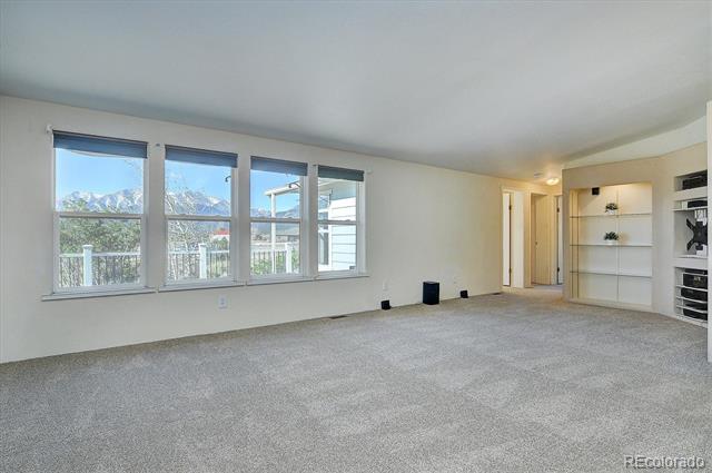 Vacant living room with gray carpet, broad windows, and built-in shelving.