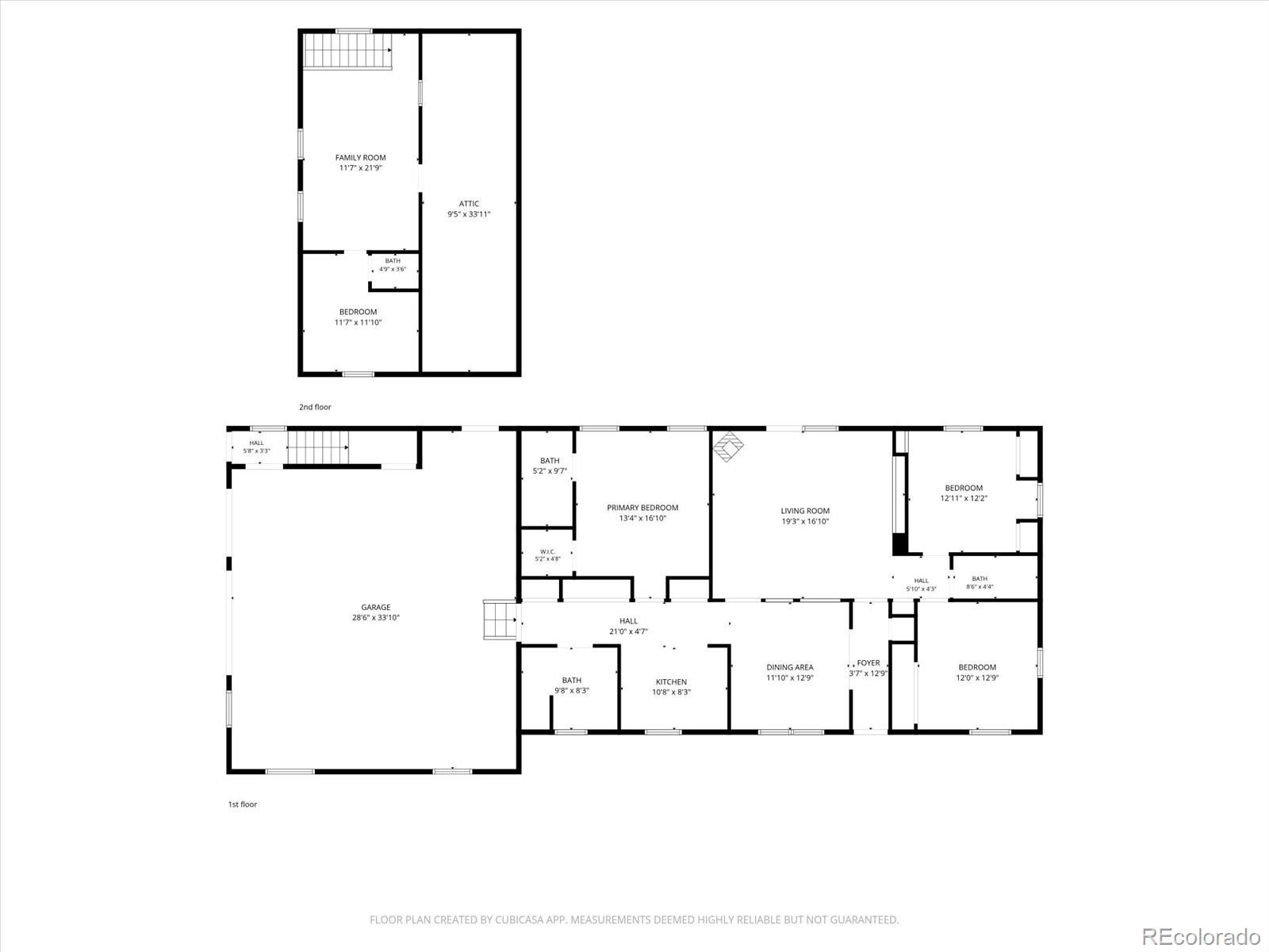 Two-floor home plan with labeled rooms, dimensions, and a large garage.