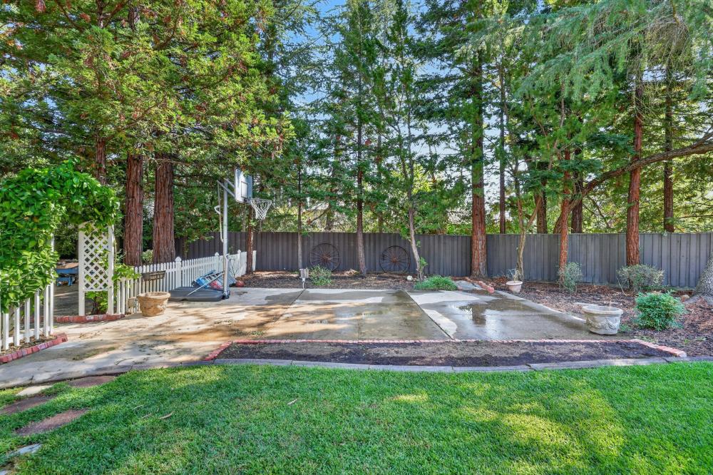 Backyard patio with a basketball hoop, green lawn, and mature trees behind a tall fence.