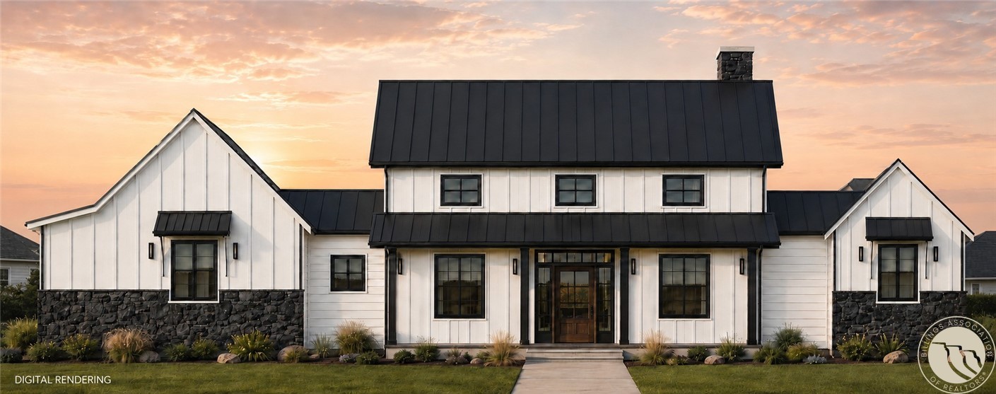 White farmhouse with black metal roofs and dark stone accents, shown in a digital rendering at sunset.