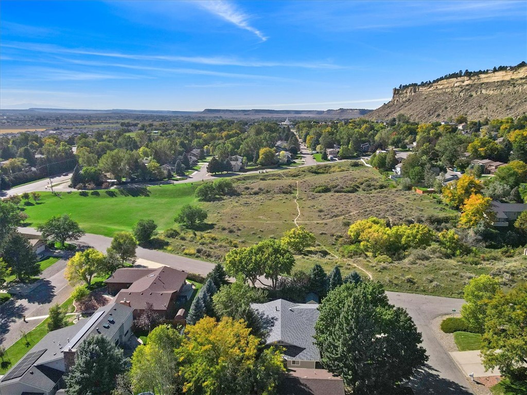Aerial view of a neighborhood beside an open greenbelt and rocky escarpment.