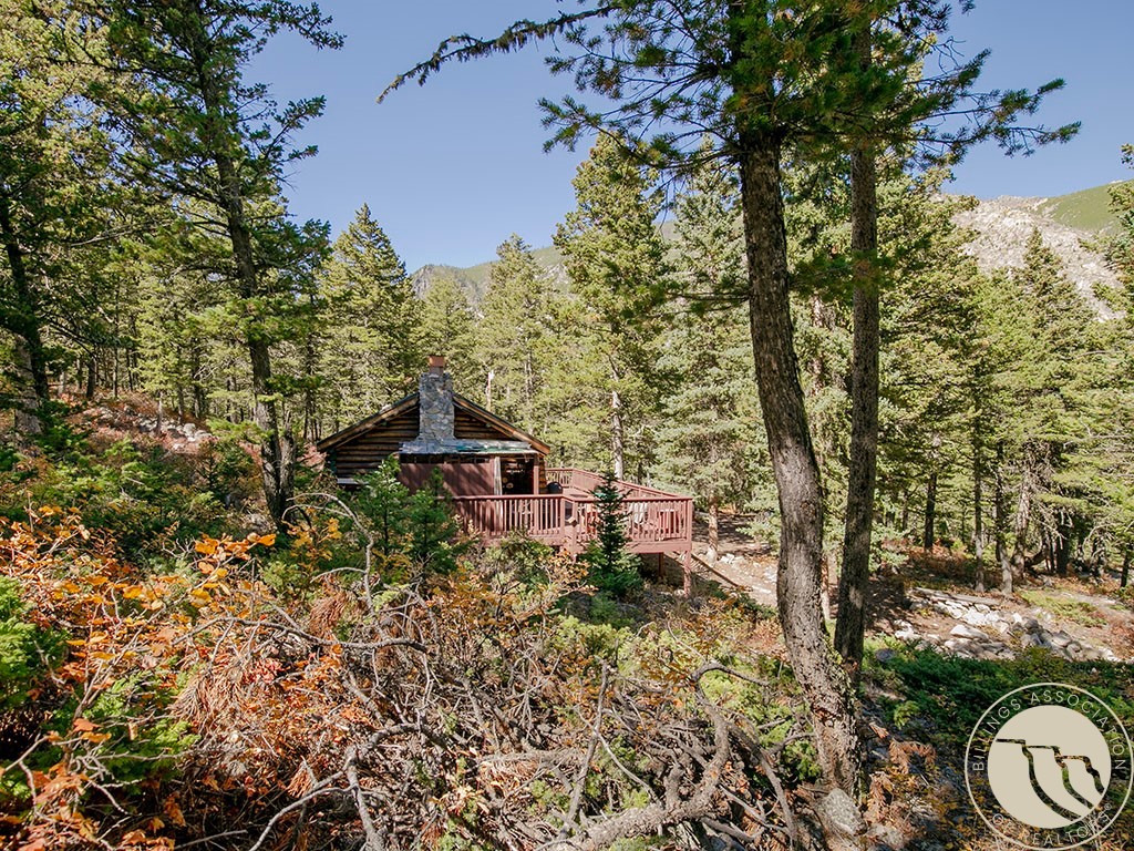Rustic log cabin with a raised deck among evergreen trees, with a rocky mountain slope behind it.