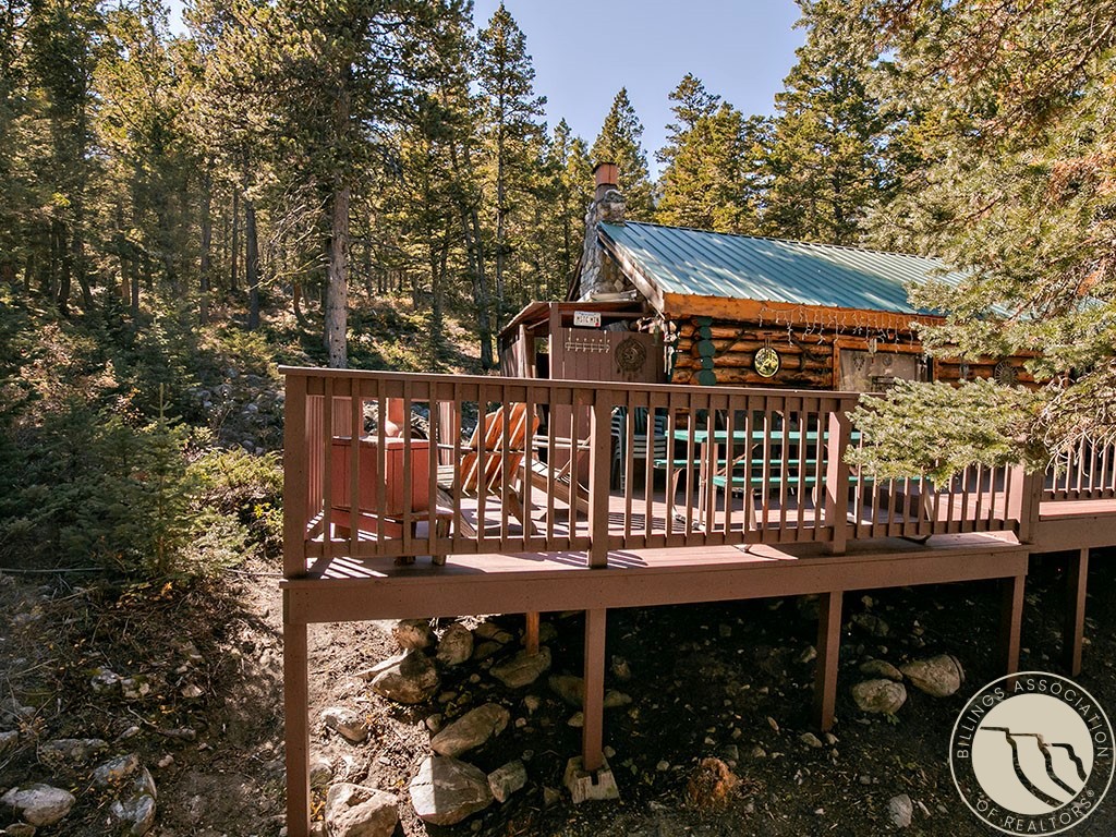 Log cabin among evergreen trees, with a raised deck, outdoor chairs, and a metal roof.