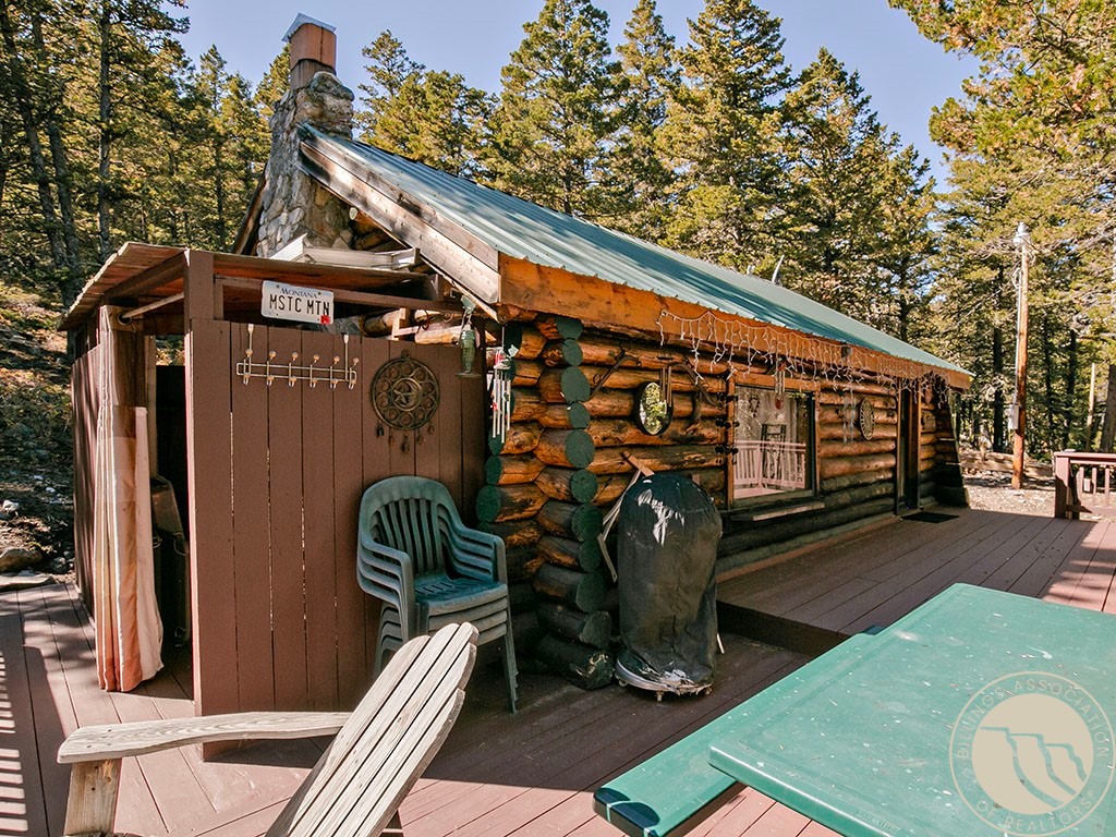 Rustic log cabin with a green metal roof and a furnished deck among tall trees.