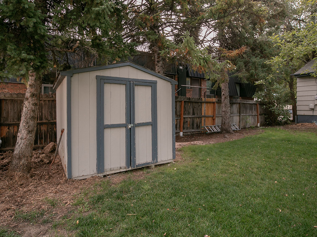 Backyard storage shed beside a wooden fence beneath mature trees.