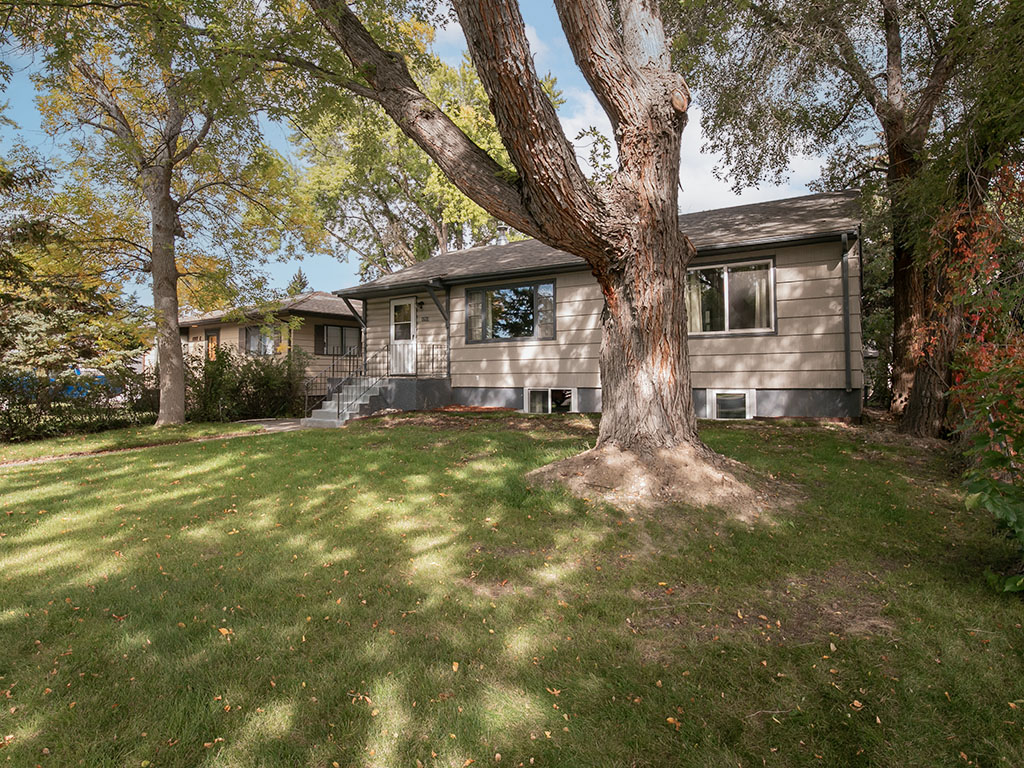 Single-story beige house behind a large mature tree, with a broad front lawn.
