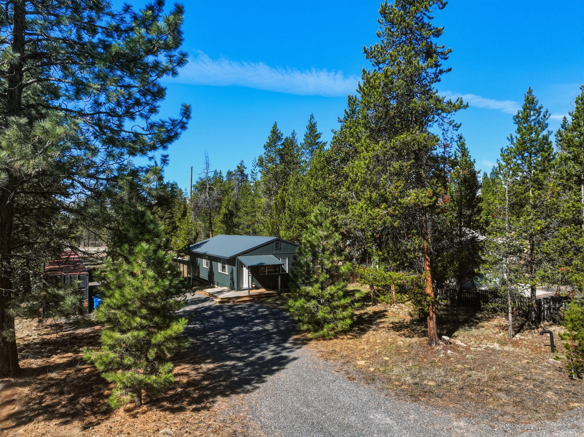 Gray house with a metal roof and covered entry, surrounded by pine trees at the end of a gravel drive.