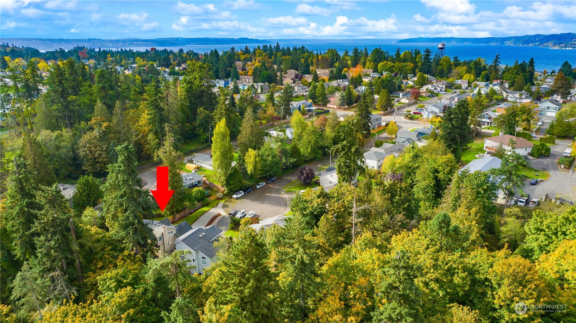 Aerial view of the home marked by a red arrow, with trees, neighborhood homes, and water beyond.