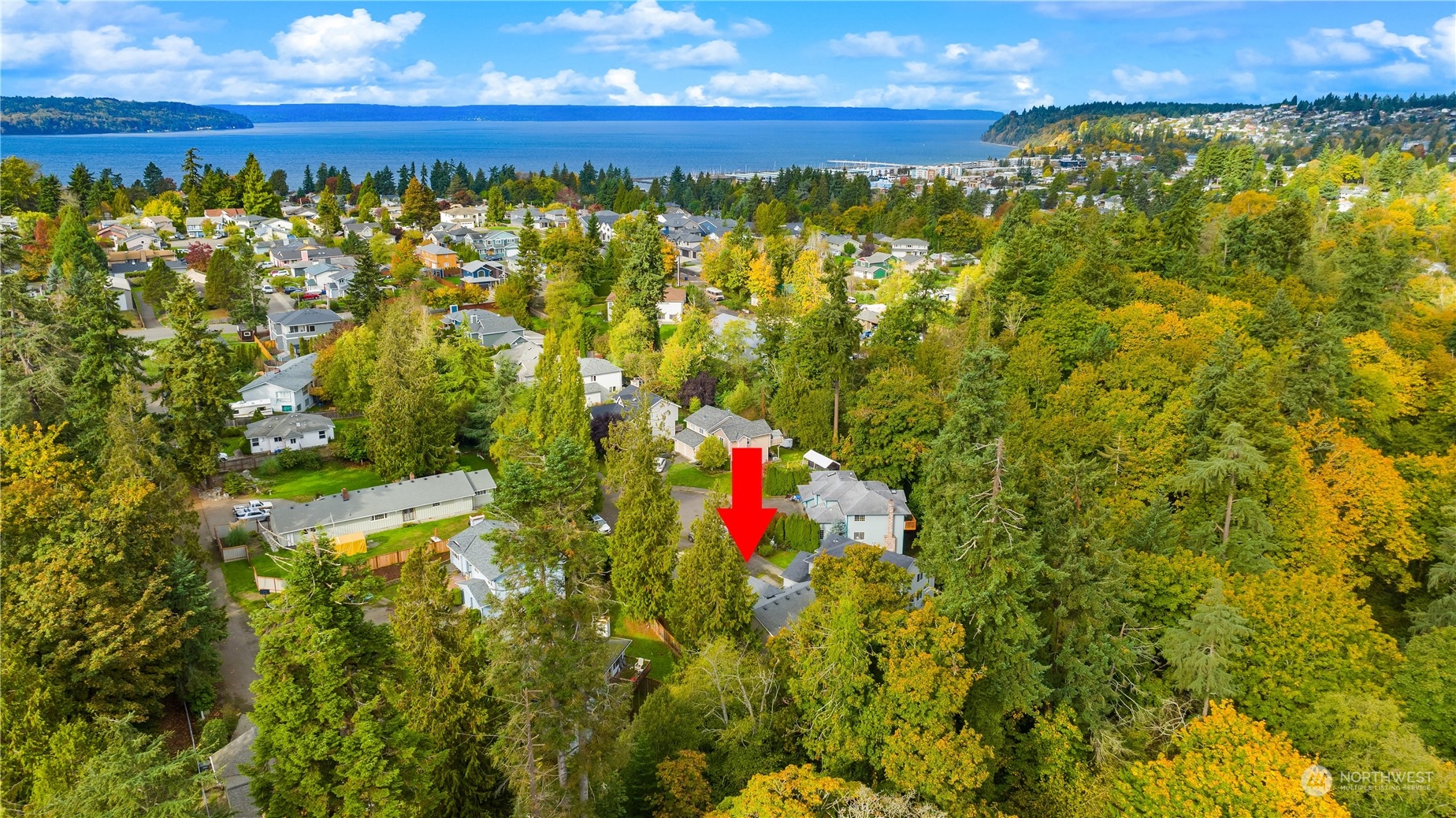 Aerial neighborhood view with a red arrow marking the property, autumn trees, and water in the distance.