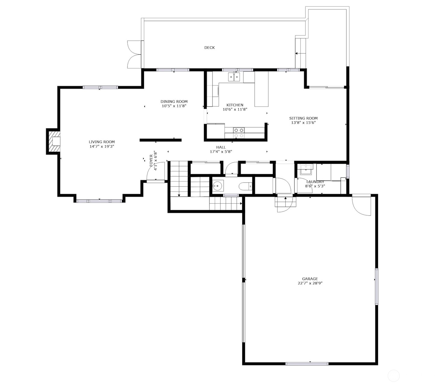 Floor plan showing living and dining rooms, kitchen, sitting room, laundry, garage, and deck.