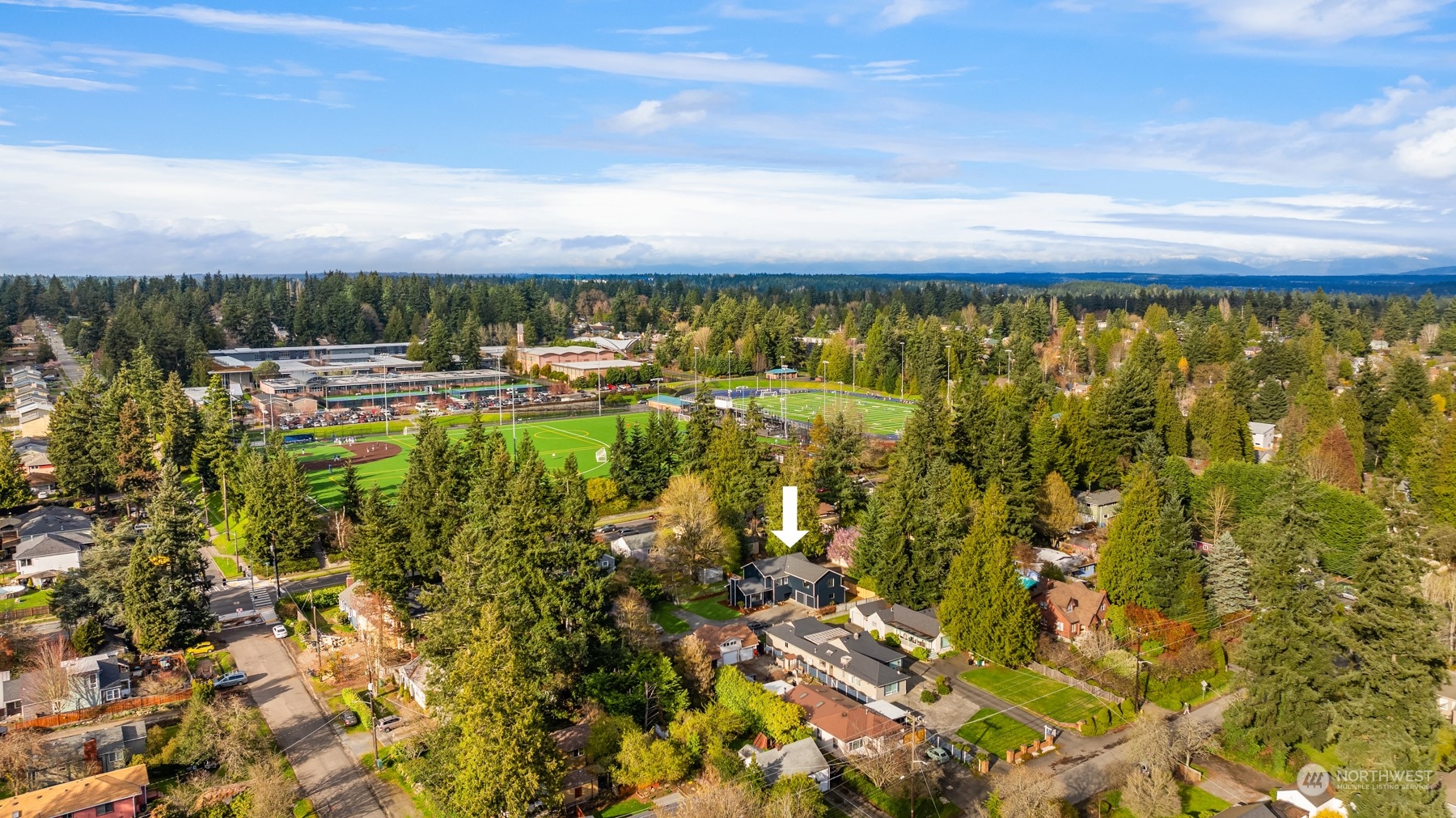 Aerial view of a two-story home marked by an arrow amid trees near sports fields.