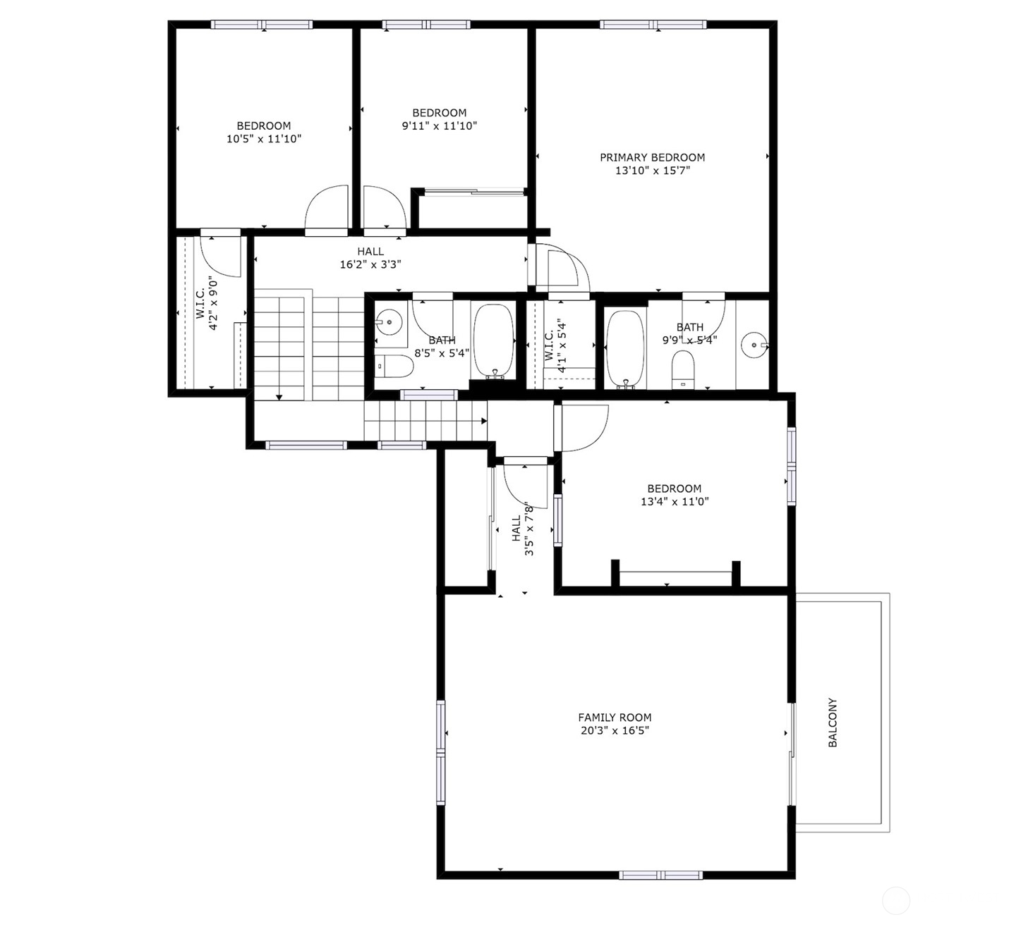 Floor plan with three bedrooms, two bathrooms, a family room, stairs, and a balcony.
