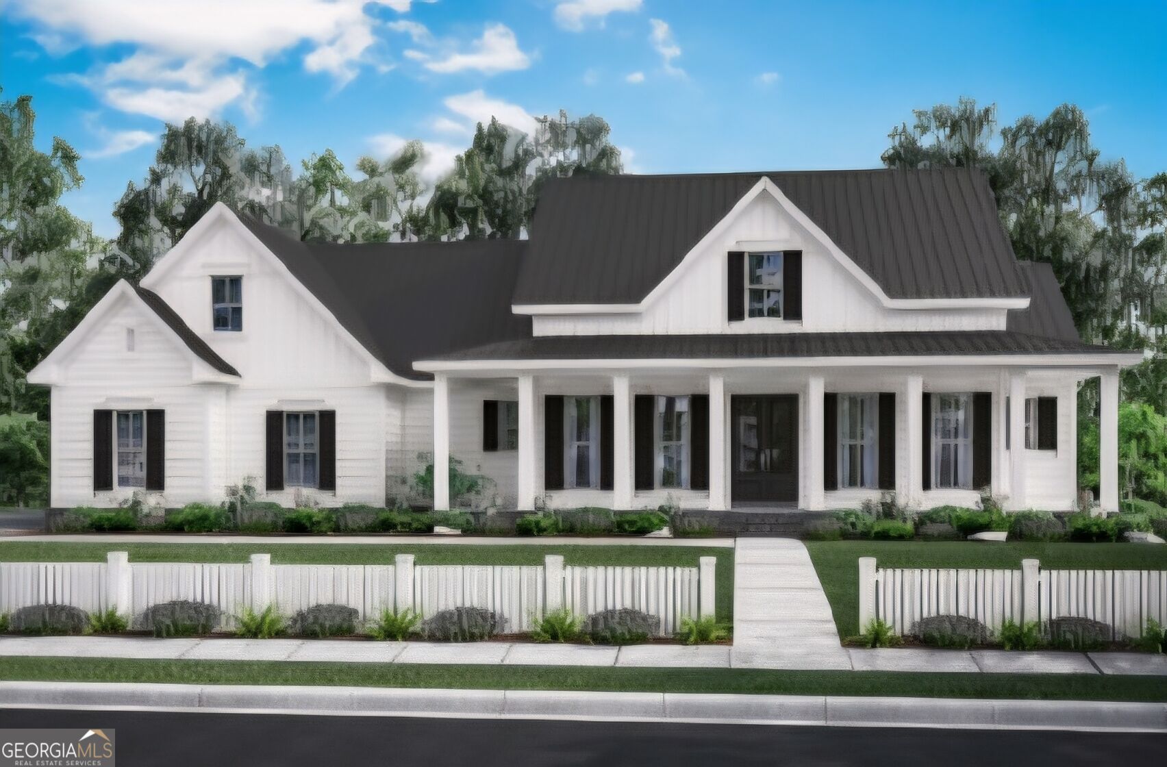 White farmhouse with a dark metal roof, covered porch, and white picket fence.