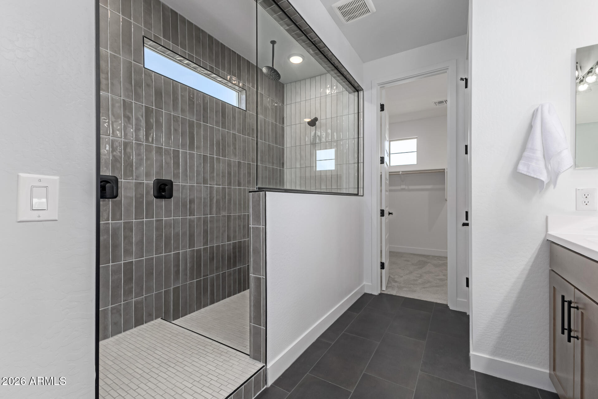 Modern bathroom with a glass-enclosed gray-tile shower and doorway to a walk-in closet.