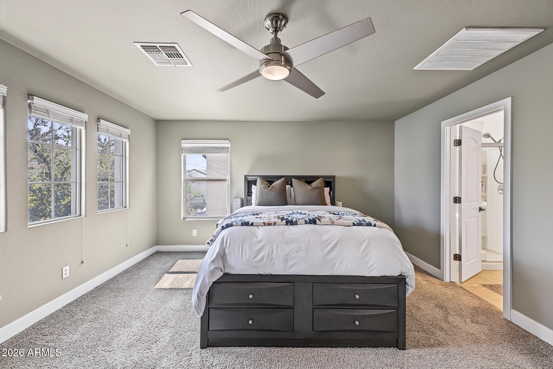 Furnished bedroom with a dark bed frame, three windows, and an open doorway to the bathroom.
