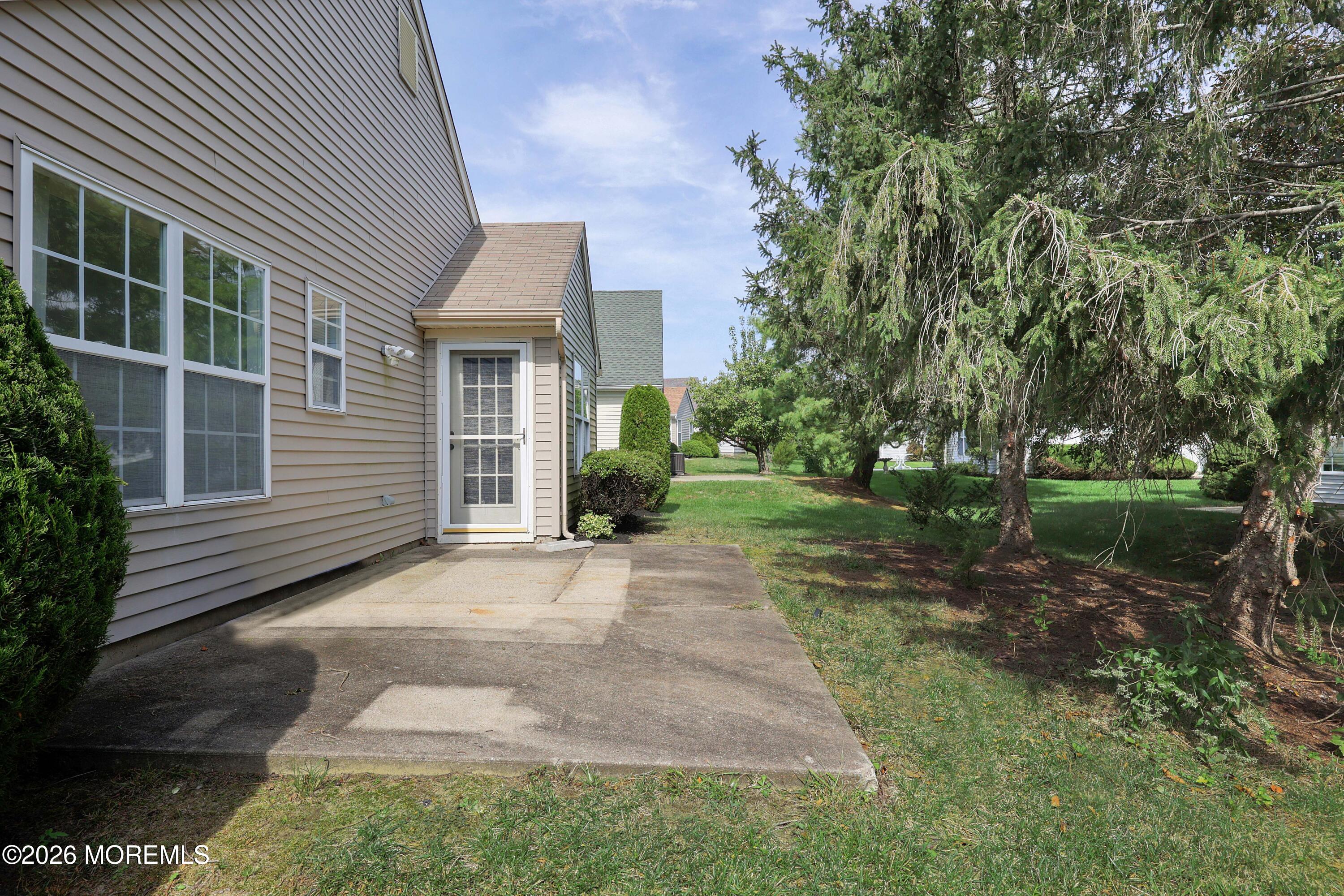 Home exterior with a concrete patio, glass-paneled door, and evergreen trees beside the lawn.