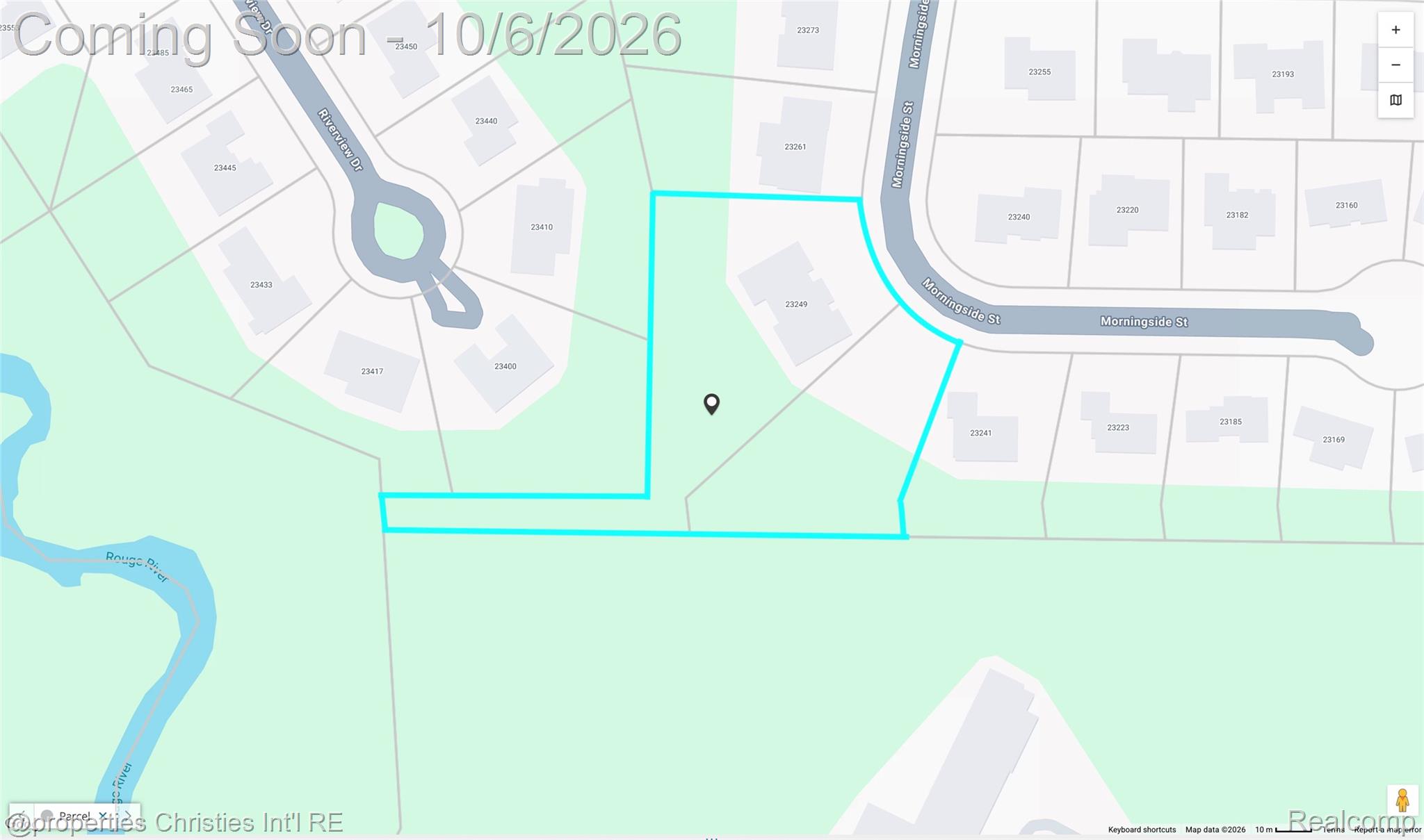 Map showing the outlined parcel for 23249 Morningside Street, with a location marker and nearby roads.