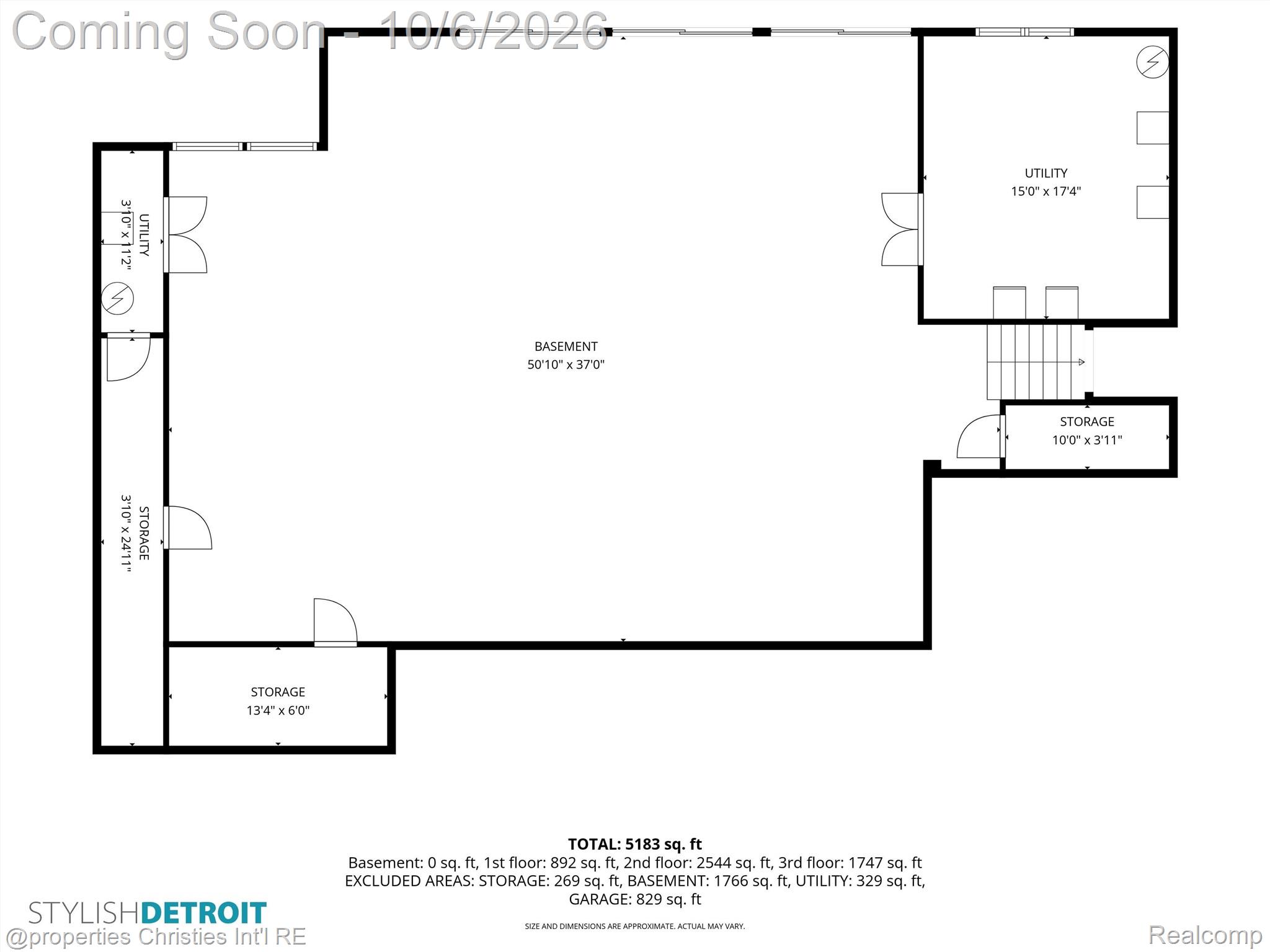 Basement floor plan with utility and storage rooms, dimensions, and total square footage.