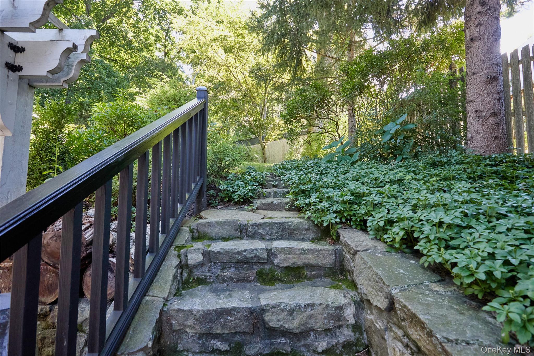Stone steps with a dark railing wind through dense greenery beside the home.