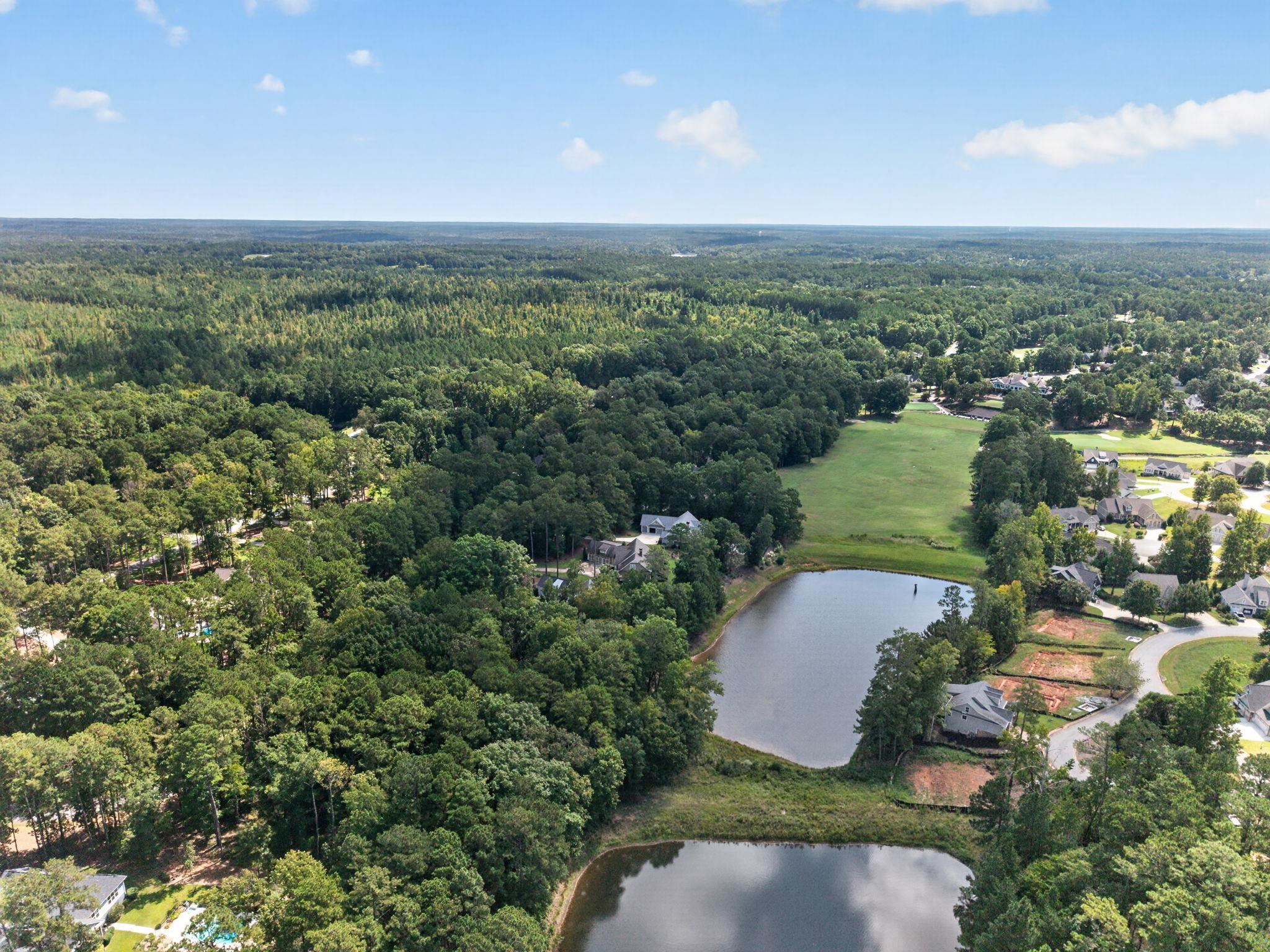 Aerial view of wooded homes beside two ponds and a broad green lawn.