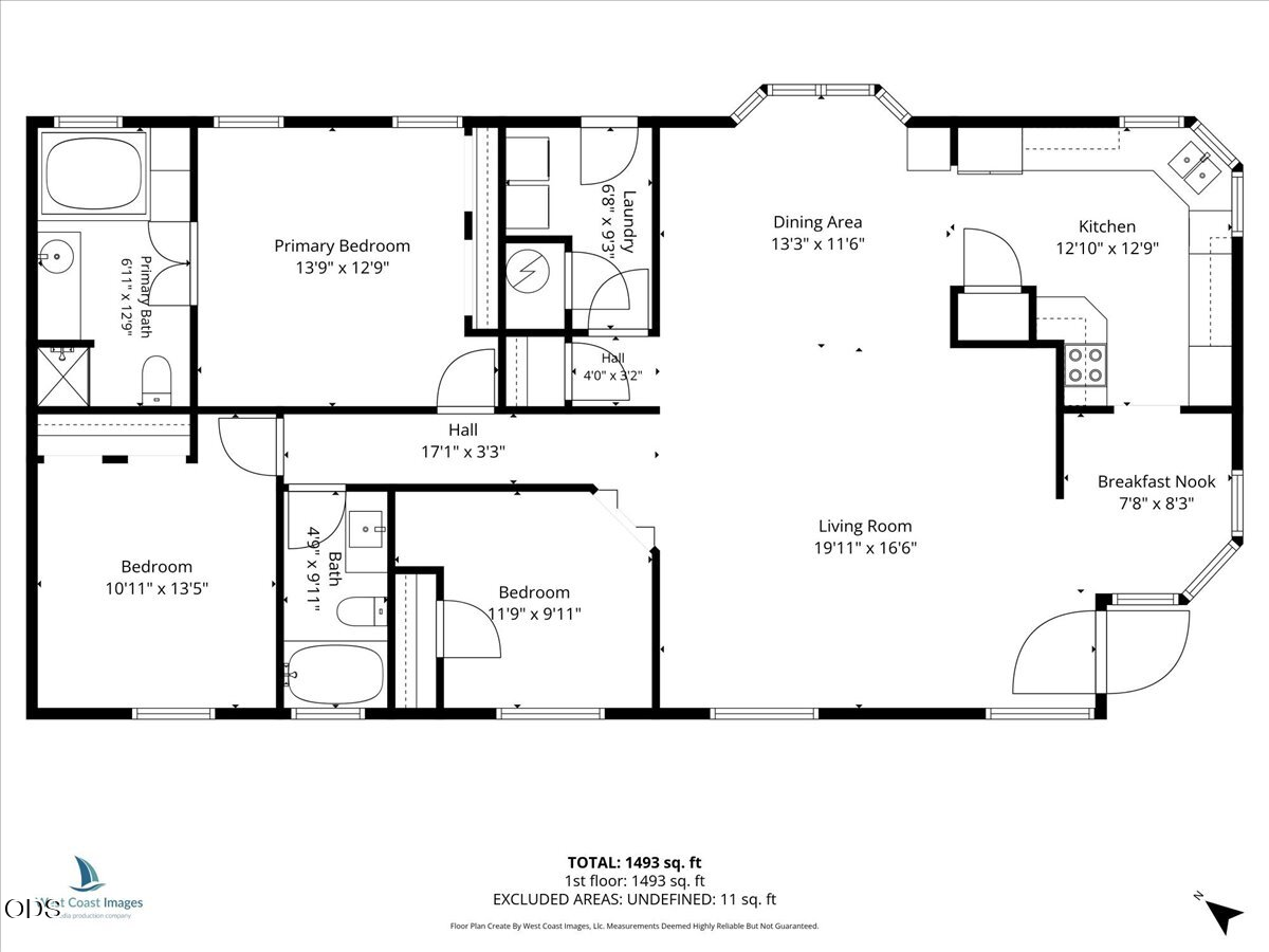 Floor plan for 350 W Gregory Road showing three bedrooms, two bathrooms, and an open living area.