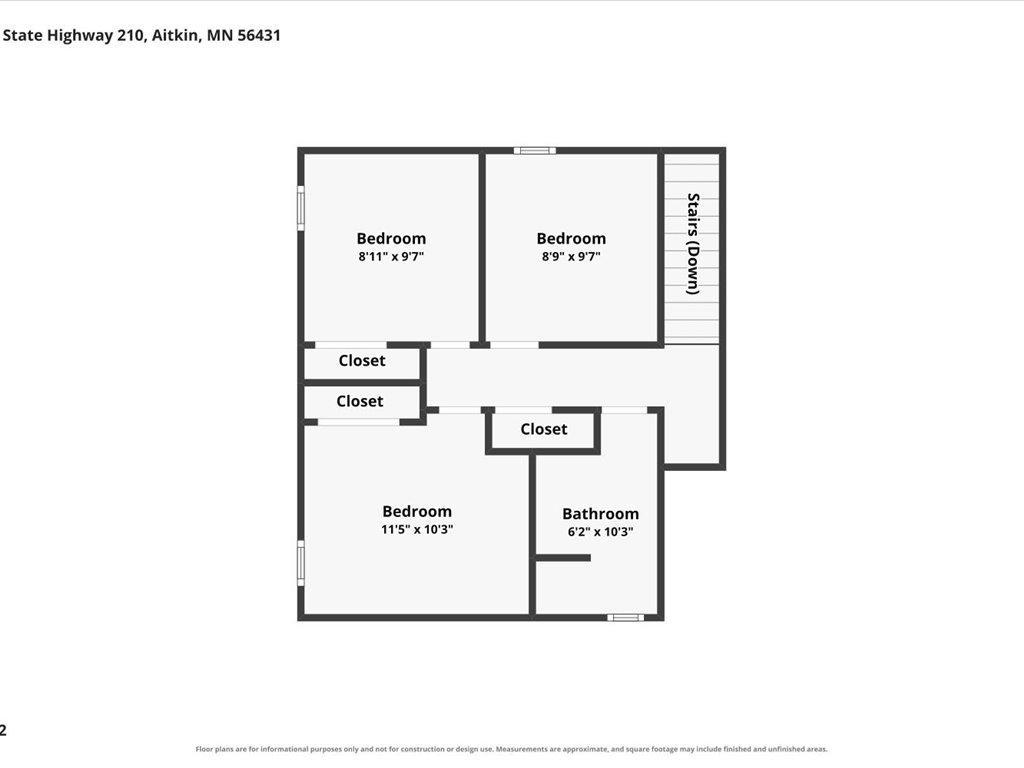 Second-floor plan showing three bedrooms, a bathroom, closets, and stairs.