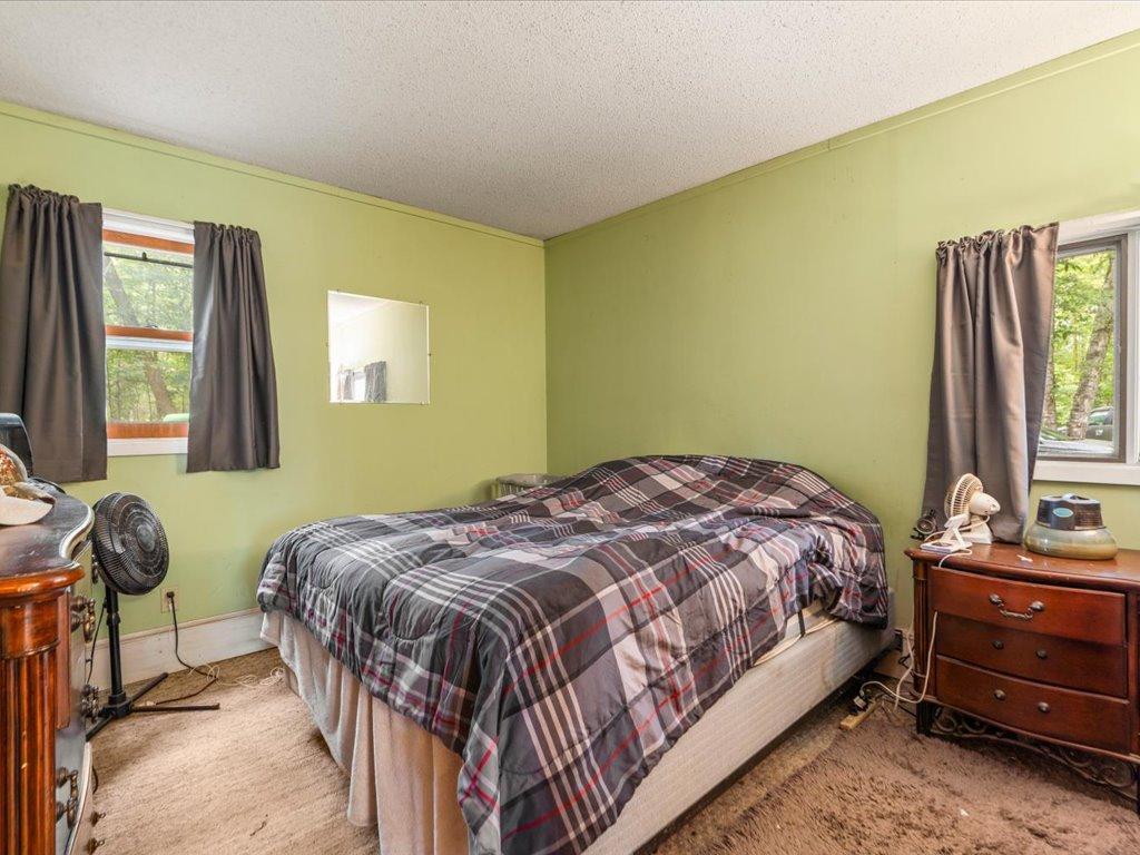 Bedroom with a plaid-covered bed, pale green walls, and windows on two sides.